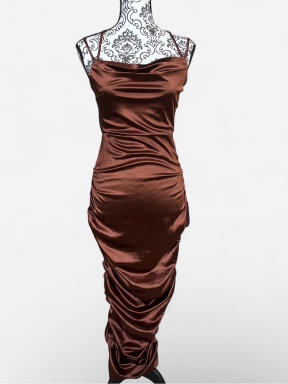 Satin Cowl Neck Midi Dress in Deep Brown
